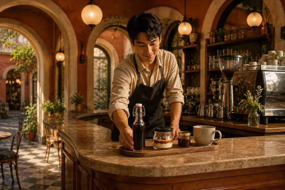 Barista menyajikan Botol Swing Round 250 ml, Jar Puding Metal 150 ml, dan Bird Nest Jar 75 ml di café.