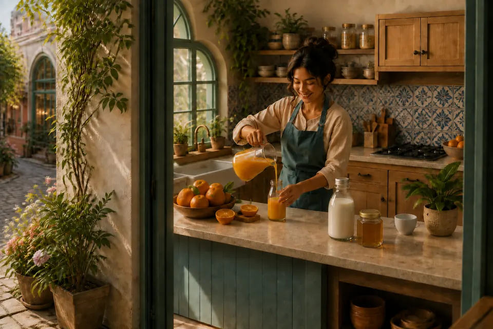Ibu menyiapkan jus dengan Botol Jus Susu 250 ml, Botol Boston 500 ml, dan Jar Hexagon 250 ml di dapur hangat.
