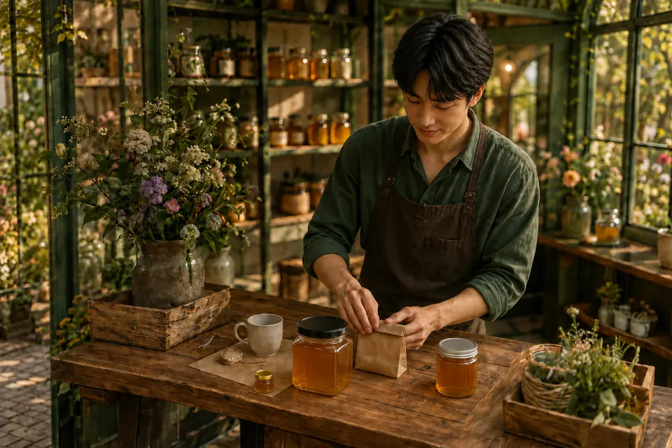 Penjaga toko madu mengemas Mini Round Jar 25 ml, Jar Square 450 ml, dan Round Jar Tinggi 250 ml.